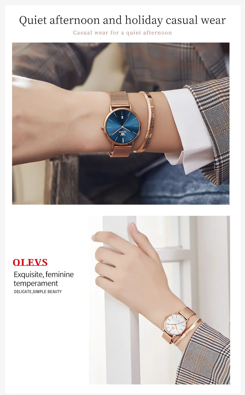OLEVS Watch For Women Japan Quartz Movement 6.5mm Case Thickness Waterproof Ladies Hand Clock Calendar Fashion Dress Wrist Watch