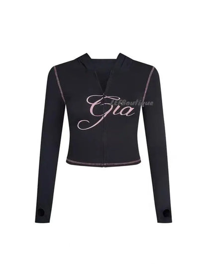 slim fit shoulder floral print bright line design slim fit hooded zipper short jacket pants for women black top