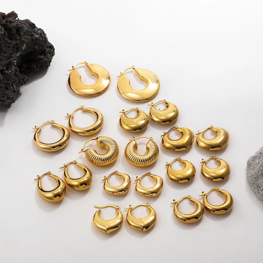 Fashion Glossy Stainless Steel Chunky Hoop Earrings for Women Gold Plated Thick Texture Geometric Circle Earring Vintage Jewelry