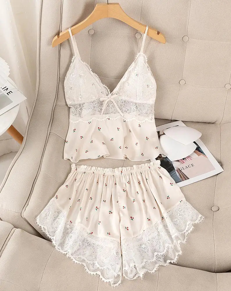 Summer Print Pyjamas Suit Women Sleepwear Lace Hollow Out Pajamas Set Sexy Strap Top&Shorts PJS Lingerie Satin Homewear