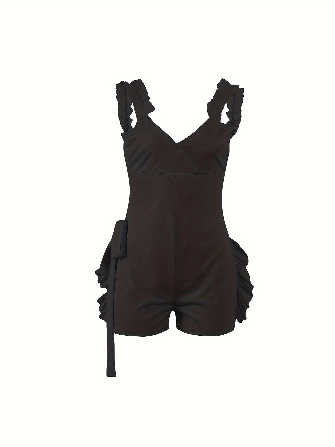 Ruffle Deep V Neck Summer Romper Sexy Bow Tie Short Jumpsuit Women Sleeveless Casual Playsuit Overalls Rompers