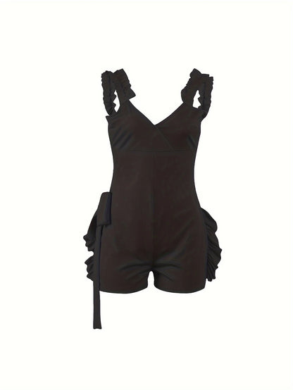 Ruffle Deep V Neck Summer Romper Sexy Bow Tie Short Jumpsuit Women Sleeveless Casual Playsuit Overalls Rompers