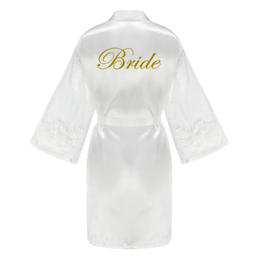 Green Bridesmaid Wedding Party Team Bride Robe With Gold Letters Lace Mesh Sleeve Kimono Satin Pajamas Mother Bathrobe As the photo show 8