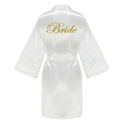 Green Bridesmaid Wedding Party Team Bride Robe With Gold Letters Lace Mesh Sleeve Kimono Satin Pajamas Mother Bathrobe As the photo show 8