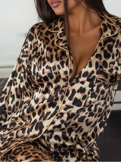 Leopard Print Long Sleeve Pajmaas Set Spring New Silk Satin Sleepwear Home Clothes Loose Casual Home Clothes Trouser Suits
