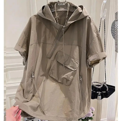 Summer Hoodies Women's Clothing Short Sleeve Hooded Half Zipper Y2k Tops Streetwear Casual Fashion Korean Sweatshirt Ropa Mujer khaki