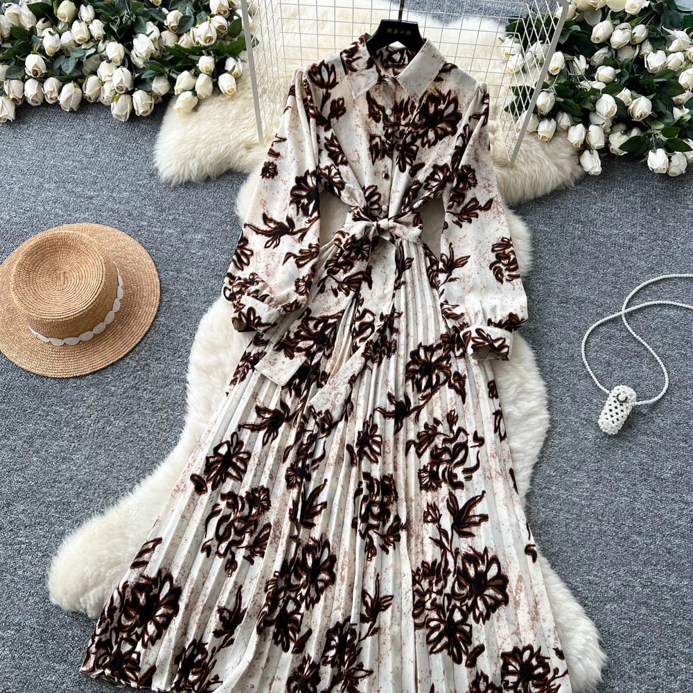 Chic vintage long sleeve turn-down collar button pleated Elegant Fairy korean fashion Boho women clothing Long dress