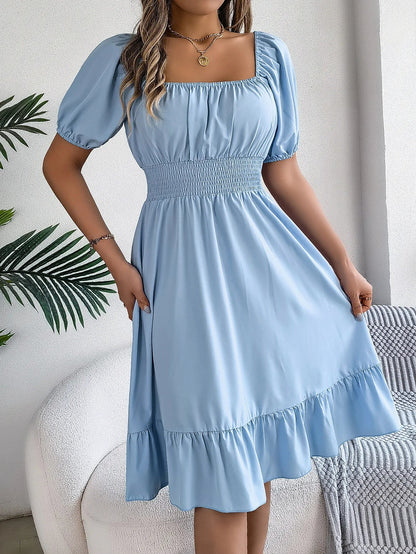 Women's MIidi Dresses 2024 Summer Casual Square Neck Short Sleeved Waist Ruffle Edge Dress Dress Women Elegant Платья Женские Badiee Stylez