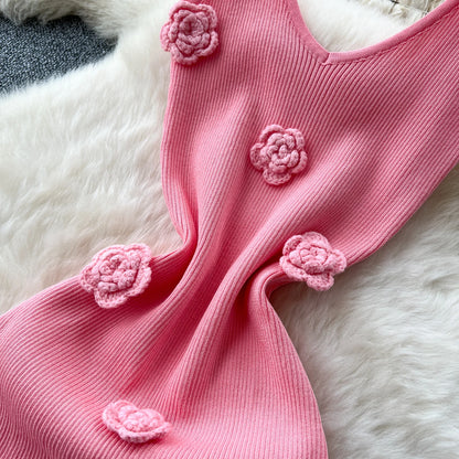 SINGREINY Knitted 3D Flower Chic Dress Sleeveless Slim Solid Elastic Sundress Women Summer Casual Fashion Bodycon Long Dresses