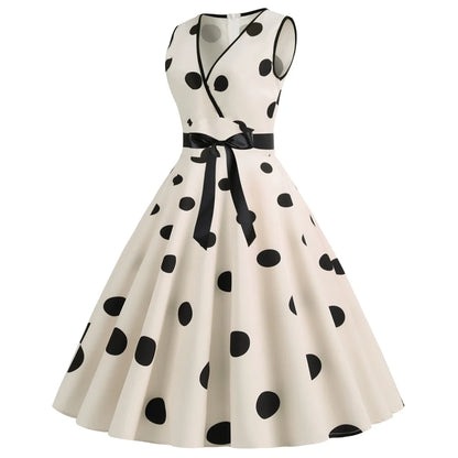 Summer V-neck sleeveless polka dot lace-up waist tucked vintage swing dress