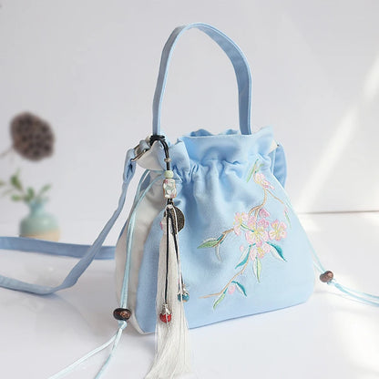 Chinese Style Women's Drawstring Bag Vintage Flower Embroidery Hanfu Handbag Street Fashion Girls Bucket Shape Shoulder Bag E