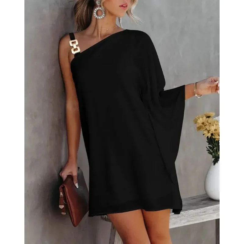 Summer Commuter Women's S-2XL size Dress One Line Diagonal Neck Off Shoulder Solid Color and PrintedMetal Strap Bat Sleeve Black