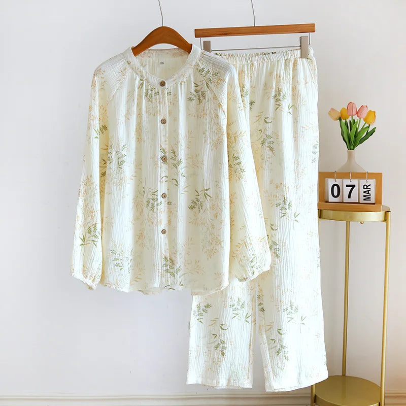 2025 New Spring and Autumn Women's Pajama Set 100% Cotton Crepe Printed Long Sleeve Pants Two Piece Home Suit Set Sleepwear