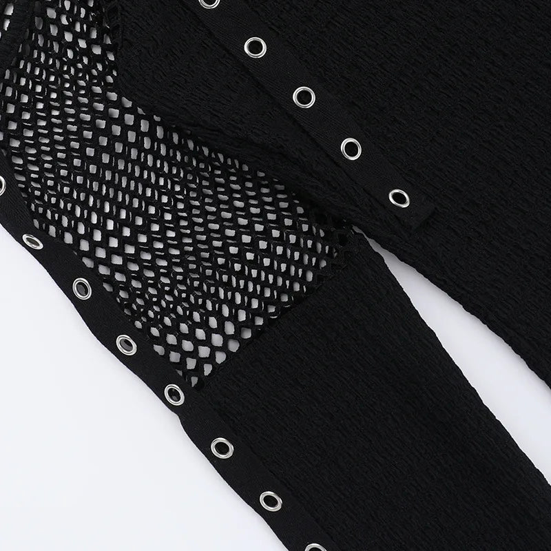 Goth Dark Punk Grunge Fishnet Patchwork Off Shoulder T-shirts Trim Corn Strap Halter Tops Autumn Mall Gothic Streetwear T-shirt