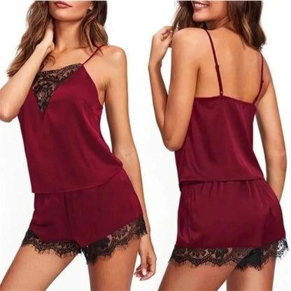 Women Pajamas Set Satin Lace Sleepwear Lingerie Ladies Elastic Suspender Shorts Nightwear Suits Sexy Sleeveless Underwear Tops Wine Red