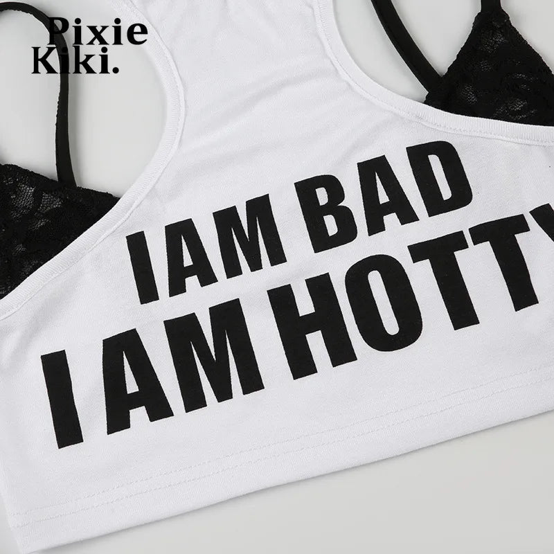 PixieKiki Letter Print Fake Two Pieces Racerback Tank Top Women Trendy Clothes 2024 Summer Y2k Crop Tops Streetwear P67-CA10