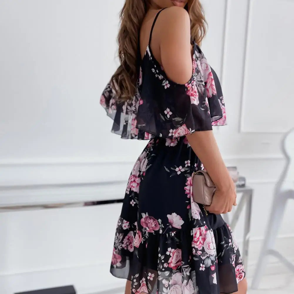 Trendy Mini Dress Flower Print Flounce Edge Colorful Above Knee Short Sleeve Women Dress Female Dress Spaghetti Strap
