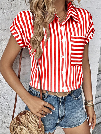 Casual Loose Striped Shirts For Women 2024 Women's Shirts And Blouses Fashion Elegant Youth Female Tops Red