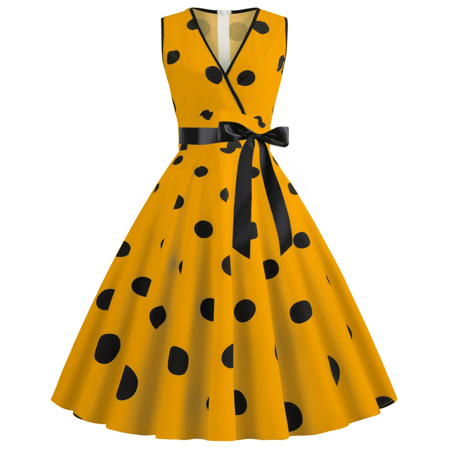 Summer V-neck sleeveless polka dot lace-up waist tucked vintage swing dress