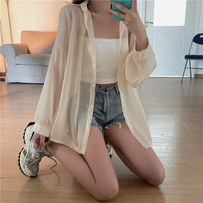 Semi Sheer Long Sleeve Shirt for Women Shimmer Button Down Collared Plain Lightweight Shirt Spring Summer Chic Tops Outfit