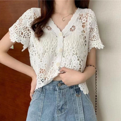 Women French Style Short Sleeve Lace Shrug Hollow Out Crochet Knit Cardigan V-Neck Button Down Sheer Crop for Jac