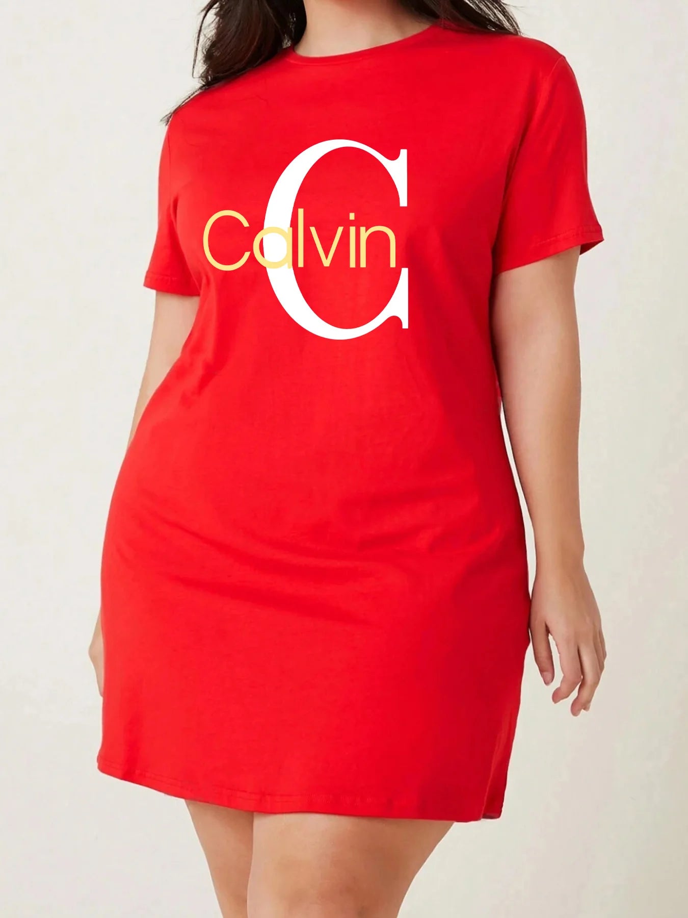 Plus Size Calvin Women's Breathable T-Shirt Dress Slim Fit Knee-Length Round Neck Casual Summer Dress with Bold Yellow Lettering CDXQ-207