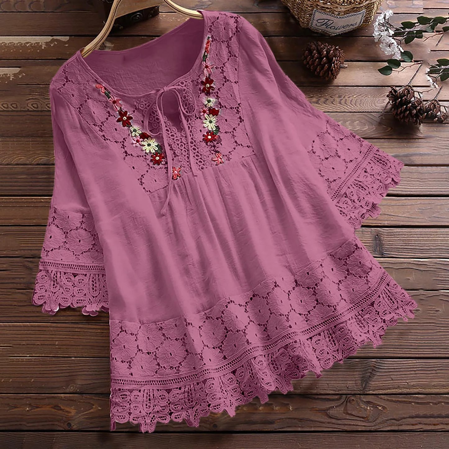 Summer Women Casual Solid Tops Shirt Cotton And Linen Stitching Lace Flower V-neck Loose Top Blouse New Elegant Holiday Shirts