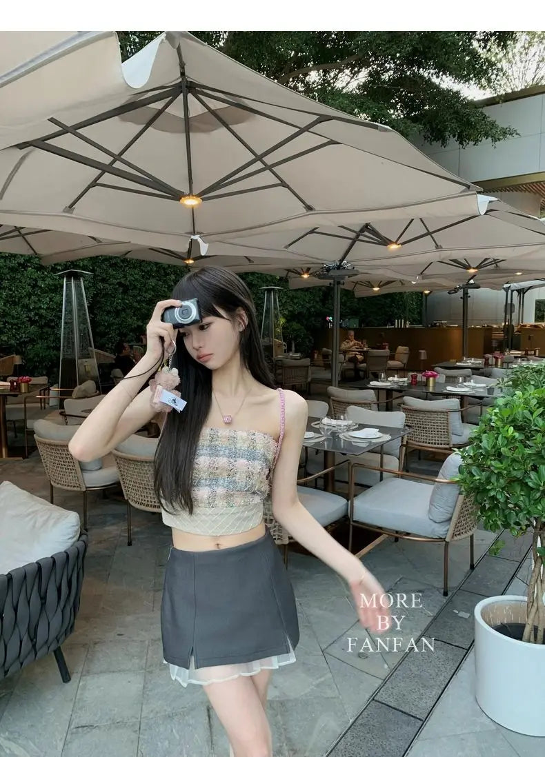 Sexy Camis Plaid Chic tube top Slim Korean Tanks Top Sleeveless Elegant Crop Top Summer Women Bustier