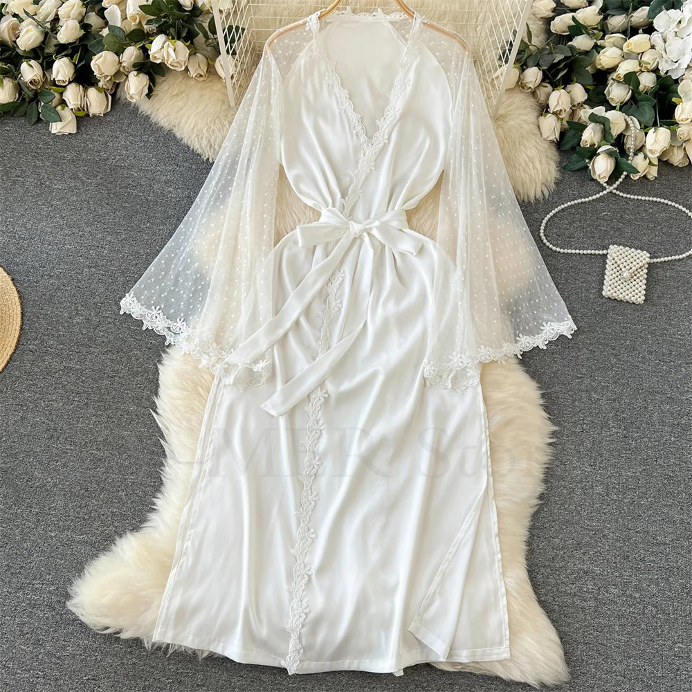 Sexy Embroider Edge Lady Kimono Bathrobe Dress Gown Mesh Sleeve Wedding Long Robe Sleepwear Loose Silk Satin Nightwear Lingerie