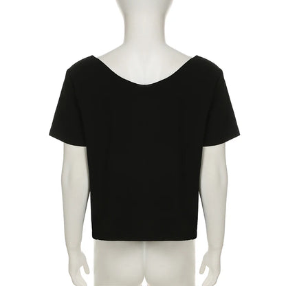 Cuteandpsycho Casual Sexy Crewneck Cropped Tops Slim Streetwear Summer Elastic Vintage Tees Short Sleeved Y2k Punk Clothings