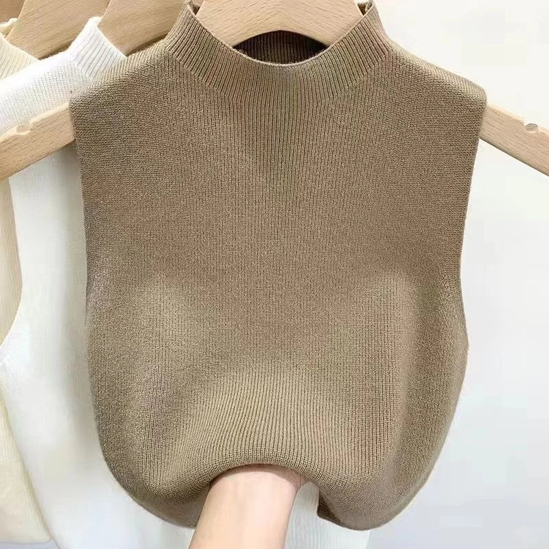 Knitted Top Women Y2K Tank Top Half Neck Vest Female Sleeveless Sweater Chic Streetwear Solid Skinny Tube Top Summer 2025 Khaki One Size