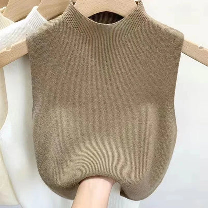 Knitted Top Women Y2K Tank Top Half Neck Vest Female Sleeveless Sweater Chic Streetwear Solid Skinny Tube Top Summer 2025 Khaki One Size
