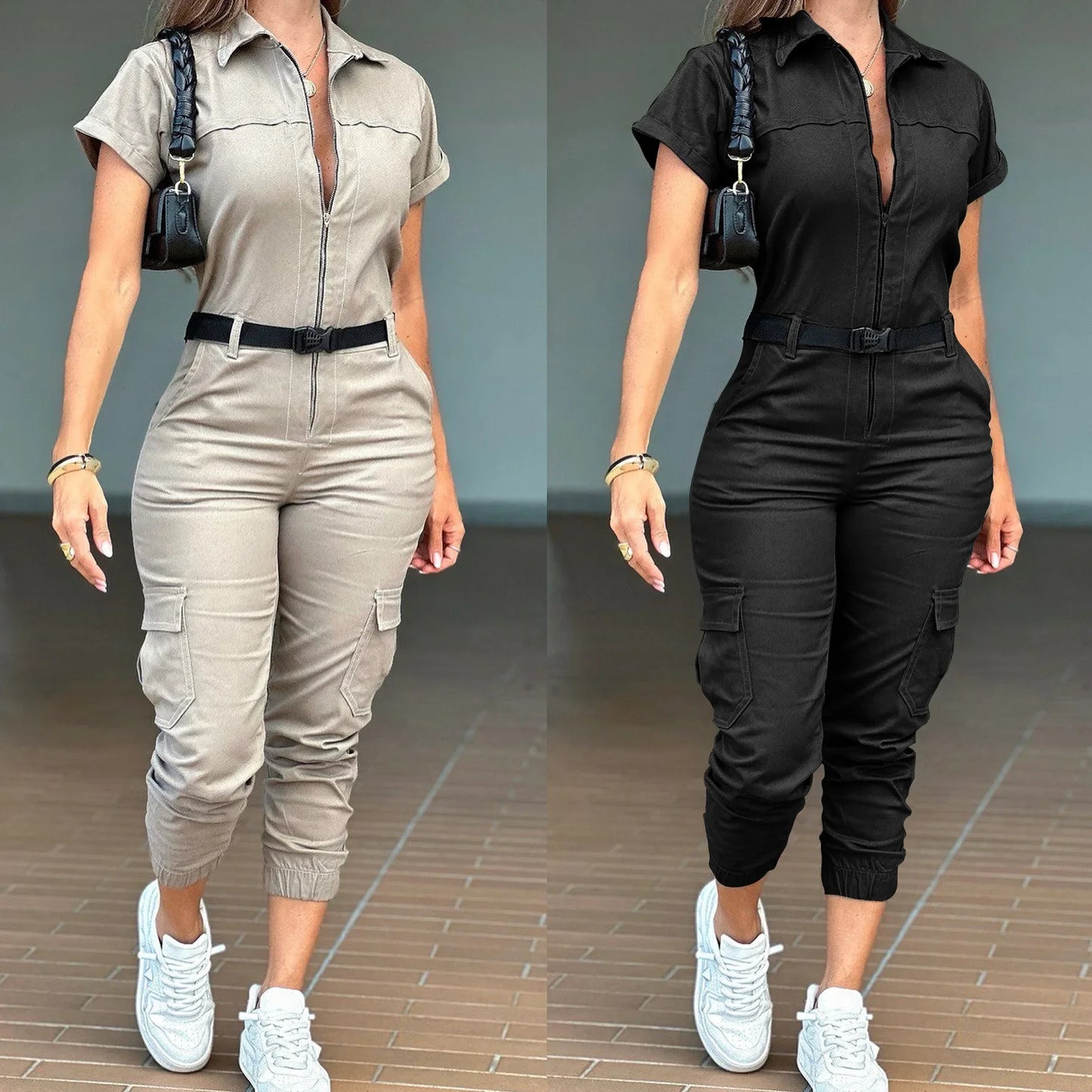 Sexy Women's Jumpsuit 2024 Summer New Fashion Zipper Workwear Short Sleeved Lapel Multi Pocket Waistband Bodysuit Pants Female