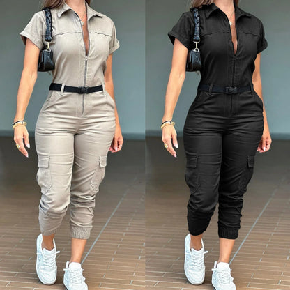 Sexy Women's Jumpsuit 2024 Summer New Fashion Zipper Workwear Short Sleeved Lapel Multi Pocket Waistband Bodysuit Pants Female