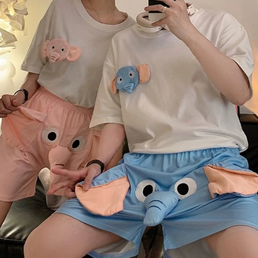 Cartoon 3D Ears Elephant Trunk Pajamas Nose Loose Short Sleeve Sleepwear Funny Couple Pajamas Suit Gifts