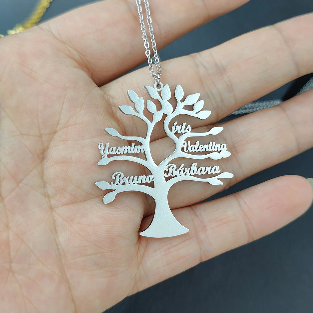 Custom Tree Of Life Name Necklace Personalized Mother Kids Family Member Names Gold Stainless Steel Pendant choker Jewelry Gifts Badiee Stylez
