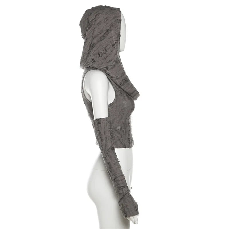 Sexy gothic teachwear Crop Top hooded Women Aesthetic T-shirts Y2K Retro Hooded Tops Streetwear Punk Tee Shirt Hottie clothes