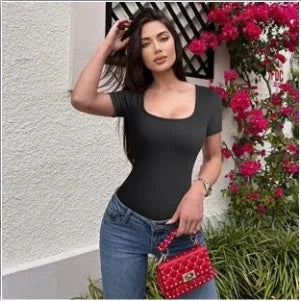 Summer Sexy Short Sleeve Ribbed Square Neck Thong Bodysuits One Piece Square Bodysuits Tummy Control Body Shapers Belly