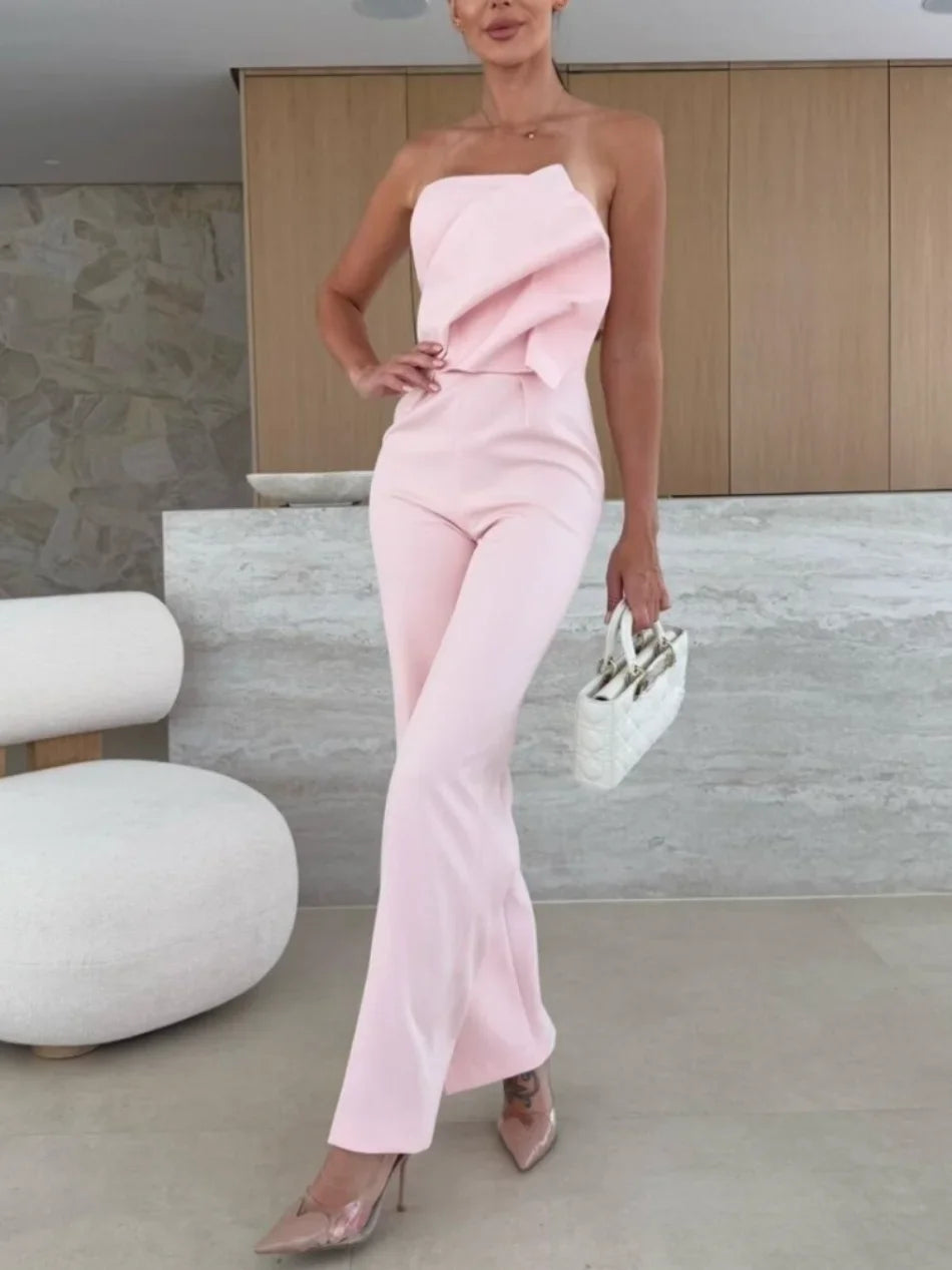 Women's Jumpsuits 2025 New in Summer Fashion Casual Office Lady Solid Color Tight Low Back High-waisted Wide-leg Jumpsuit Badiee Stylez