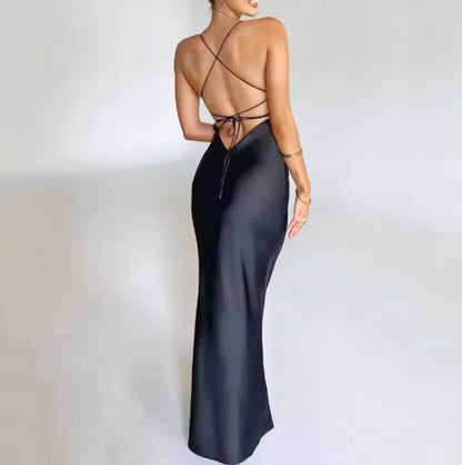 Sexy halter satin dress, a new autumn fashion backless strappy cinched-waist long dress Badiee Stylez