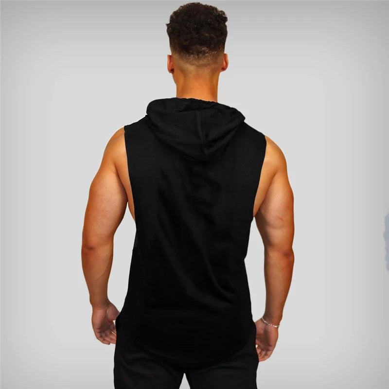 Mens Bodybuilding Sleeveless Hooded Shirts Summer Breathable Loose Cotton Hip Hop Tank Tops Gym Workout Fitness Muscle Hoodie