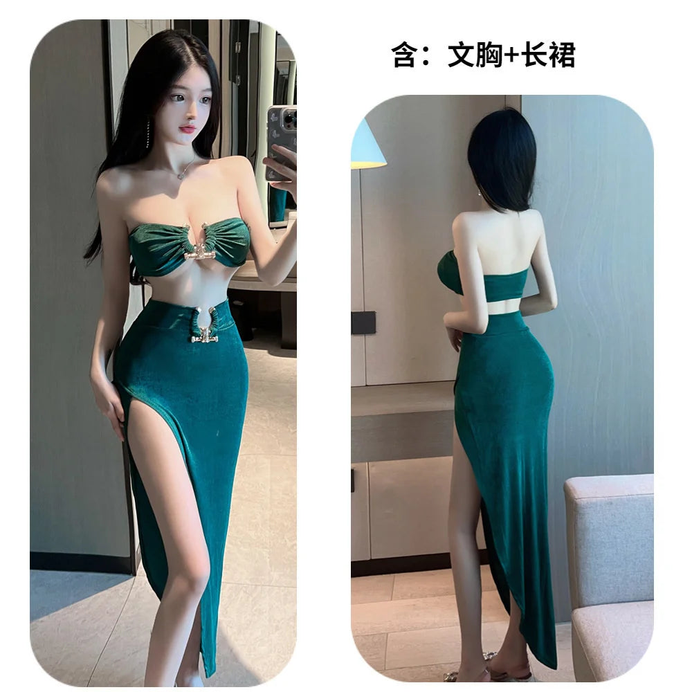 Summer New Women's Vintage Temperament Dark Green High Split Long Dress Wrapped Chest Sexy Fashion Elegant Hollow Set 8879 2309 Bra long Skirt One Size