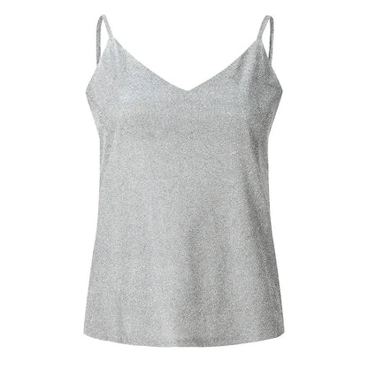 Women’s Solid Color V-Neck Tank Tops Ladies Glitter Strappy Sexy Cami Swing Vest Clubwear Fashion Canottiera Donna Estiva
