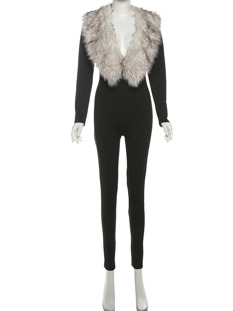 Kliou Sexy Fashion Junpsuits+Furry Foot Cover Woman Autumn Trend Low-Neck Full Sleeve Skinny Peach Hip Midnight Party Clubwear Badiee Stylez