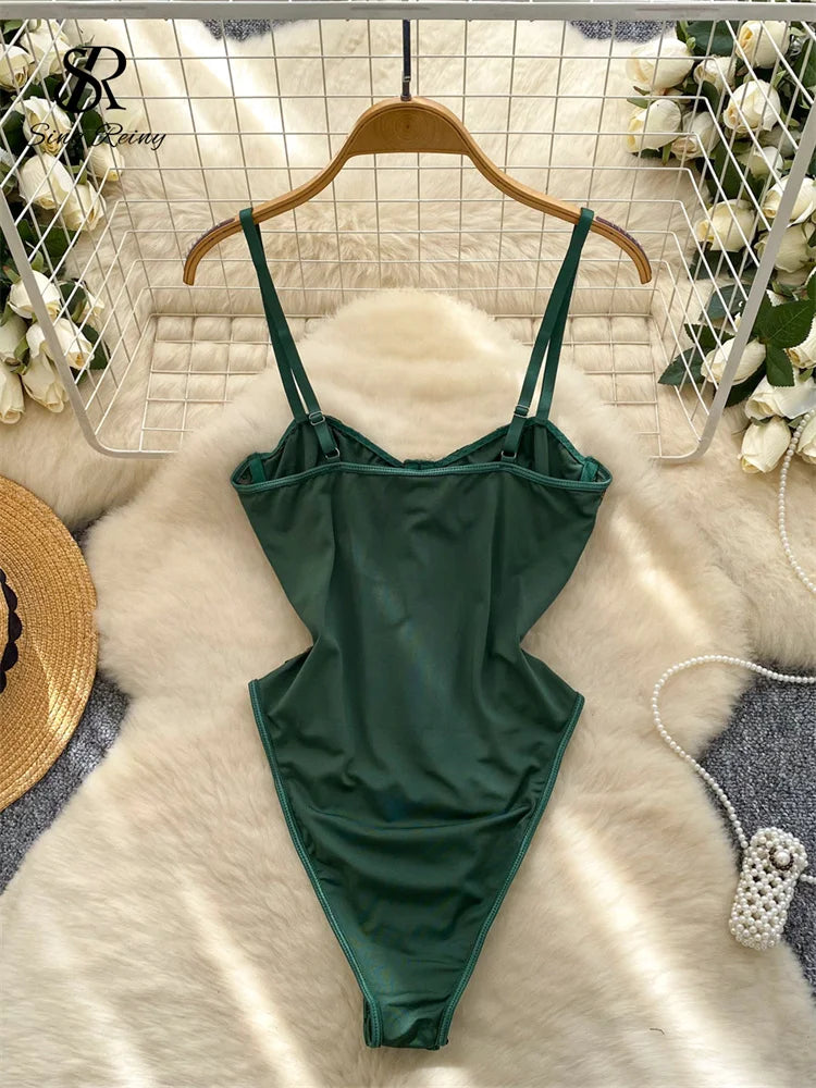 SINGREINY France Retro Straps Corset Bodysuits Lace Print Patchwork Rompers Female Senior Sexy Summer Slim Night Club Playsuits