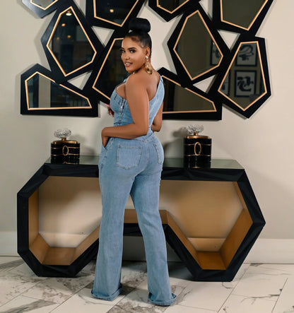 Flare Denim Pants Full Length Women Jeans One Piece Overalls Spliced Solid Jumpsuits Loose Pockets High Waist Basics Washed