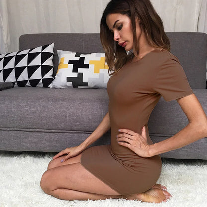 Summer Women Short Sleeve Dresses Ladies Solid Color O-Neck Bodycon Stretch Slim Mini Dress Vestidos QT035