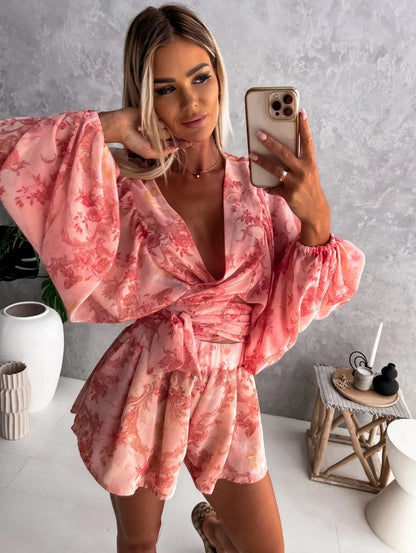 Sexy Deep V Neck Jumpsuit For Women Summer Casual Boho Beach Vacation Outfit Fashion Print Lantern Sleeve Rompers Shorts Women's Red