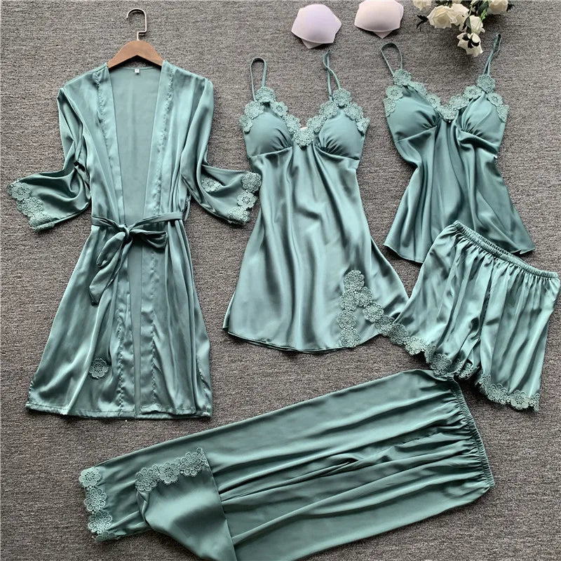 Pajamas Five Piece Set Sexy Lace Trim Nightgown Nightwear Spring Summer Women Bath Robe Loose Silk Satin Home Wear Pijamas Suit
