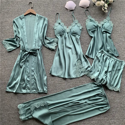 Pajamas Five Piece Set Sexy Lace Trim Nightgown Nightwear Spring Summer Women Bath Robe Loose Silk Satin Home Wear Pijamas Suit